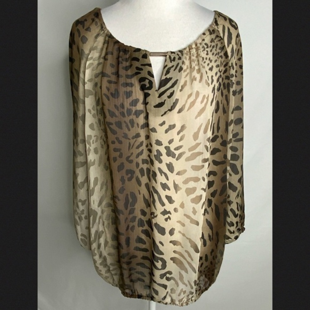 Zac & Rachel Tan & Black Sheer Animal Print Top Large